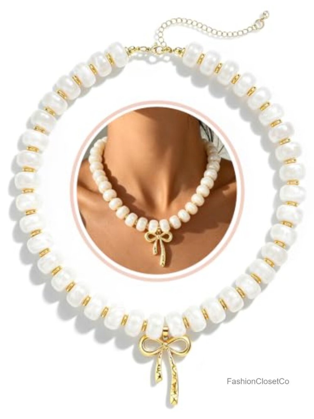 Chunky Beaded Bow Pendant Necklace Gold Tone Resin Choker Statement